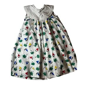 Just Ducky Vintage Girls Dress Size 6 White Seersucker Nautical Sailboat Palm
